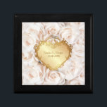 Caja De Regalo Elegancia rosa de champagne<br><div class="desc">Sutil y elegante en blanco con damasco de borde dorado o corazón dorado,  con una encantadora profusión de rosas rosa de champán en la frontera. Personalizar con la información de su boda.</div>