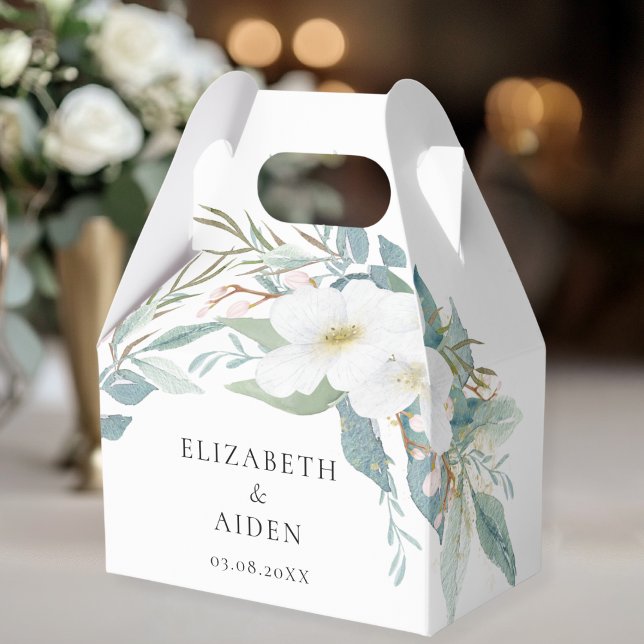 Caja de regalo Floral, blanca, caja de Boda (Floral, White, Greenery, Wedding Box gift box with your name and date.)