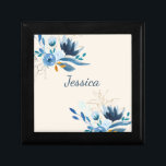 Caja De Regalo Floral de color azul moderno personalizada<br><div class="desc">Hermoso y elegante cuadro de flores acuáticas en azul y oro,  personalizado con tu nombre.</div>
