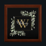 Caja De Regalo Floral de monograma negro de oro personalizado<br><div class="desc">Elegante vegetación acuarela deja un nombre de monograma floral caja de regalo con un monograma dorado inicial en un fondo negro con tu nombre en un elegante guión blanco. Diseñado por Thisisnotme©</div>