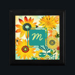 Caja De Regalo Flores de arte folclórico de bonito monogramadas<br><div class="desc">Caja de joyas de flores folclóricas amarillas y turquesas. Agregar iniciales en el área personalizada.</div>