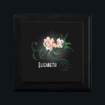 Caja De Regalo Flower rosa Personalizada Bridesmaid Gif<br><div class="desc">Una joyería personalizada / caja de trinket para sus damas de honor. El diseño es un ilustracion de algunas delicadas flores rosadas florecientes con moscas verdes y hojas sobre un fondo negro. El sombreado gris claro crea un efecto luminoso alrededor de las flores que acentúa y ilumina. Personaliza / personalizar...</div>