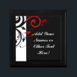 Caja De Regalo Giro negro rojo inverso personalizado<br><div class="desc">Añade tu texto especial a este software de diseño giratorio rojo en blanco y negro. Ideal como un recuerdo boda, o un favor para la fiesta nupcial, padres o invitados especiales. Fondo negro con viñas blancas y remolinos en un diseño contemporáneo y elegante. Este diseño está disponible como una colección...</div>