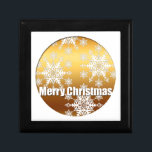 Caja De Regalo Gold Merry Christmas Snowflakes Gips Box 3<br><div class="desc">Caja de regalo con copos de nieve dorados y "Feliz Navidad" blanco en relieve. Puede agregar texto fácilmente (color,  fuente,  tamaño y posición) haciendo clic en el botón personalizar. No olvides toda la colección con copos de nieve dorados.</div>