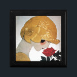 CAJA DE REGALO LADY CON ROSA ROJA<br><div class="desc">Ilustracion de alta moda,  con clase y estilo Art Deco francés. Retrato de una hermosa joven mujer con un gorra dorado con flores,  blanco negro,  amarillo,  colores grises. Guay,  diseño moderno y artístico.</div>