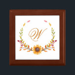 Caja De Regalo Monograma de girasol de otoño rústico bonito<br><div class="desc">El diseño de este bonito es elegante y encantador,  con su ramo de girasol y sus toques botánicos rústicos en tonos otoño rojos,  dorados y verdes. Personalice esta caja de regalo con su monograma para hacerlo extra especial.</div>
