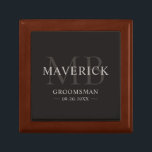 Caja De Regalo Regalos de los Groomsmen Boda en Monograma Favorec<br><div class="desc">Esta elegante caja de regalo de madera marrón muestra los nombres de los padrinos, las iniciales, el título y la fecha escritos en una tipografía moderna y minimalista. Simplemente agregue los nombres de los padrinos, sus iniciales, título y fecha en la sección de personalización para crear sus propios favores matrimoniales....</div>