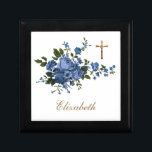 Caja De Regalo Rosas Católicos Azules Crucifix Oración Bridesmaid<br><div class="desc">Con una hermosa imagen católica tradicional de un crucifijo de oro/anillos bodas sobre rosas azules. Se pueden modificar todo el texto y las fuentes.</div>