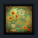 Caja De Regalo Vintage Sunflower Garden Butterflies Art Nouveau<br><div class="desc">Esta elegante caja de regalo cuenta con un florido jardín de girasoles amarillos de estilo vintage con un ramo de flores en un jarrón y mariposas. Imagen generada con IA.</div>