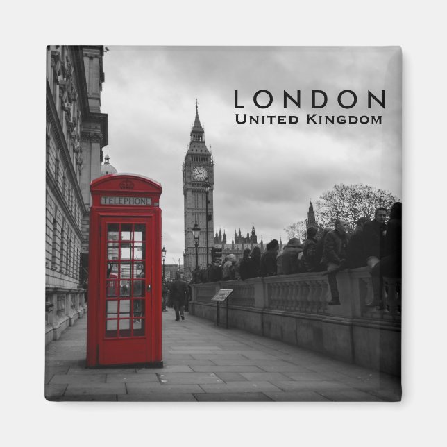 Caja de teléfono roja en imán de texto de Londres (Frente)