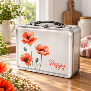 Caja metálica para almuerzo de amapolas en acuarel