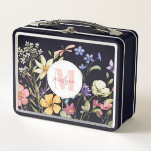 Caja metálica para almuerzo de flores rosadas capr
