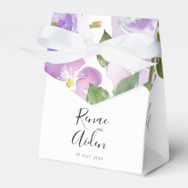 Caja morada de favores florales, boda malva
