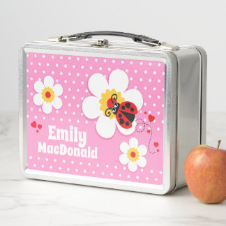 Caja para almuerzo de mariquita rosa roja nombre d