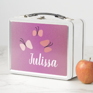 Caja para almuerzo de metal con mariposas rosadas 
