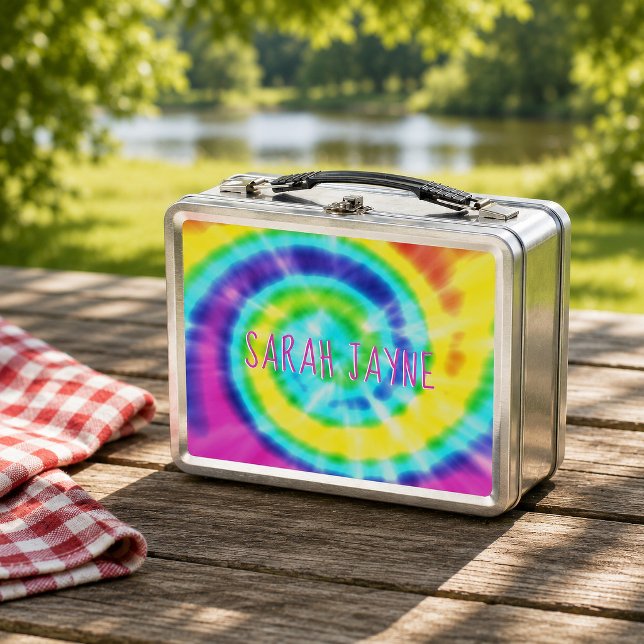 Caja para almuerzo de metal teñida con arcoíris co (Trippy tie dye lunch box just for you. Add your name!
)