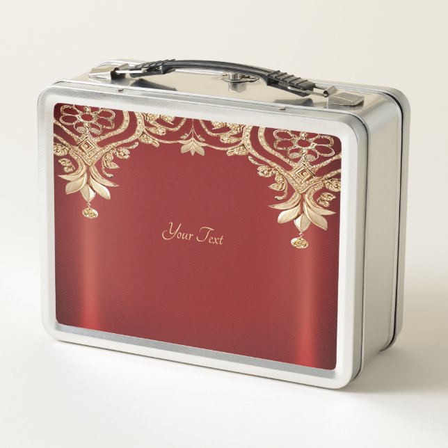 Caja para almuerzo floral roja dorada moderna (Reverso)