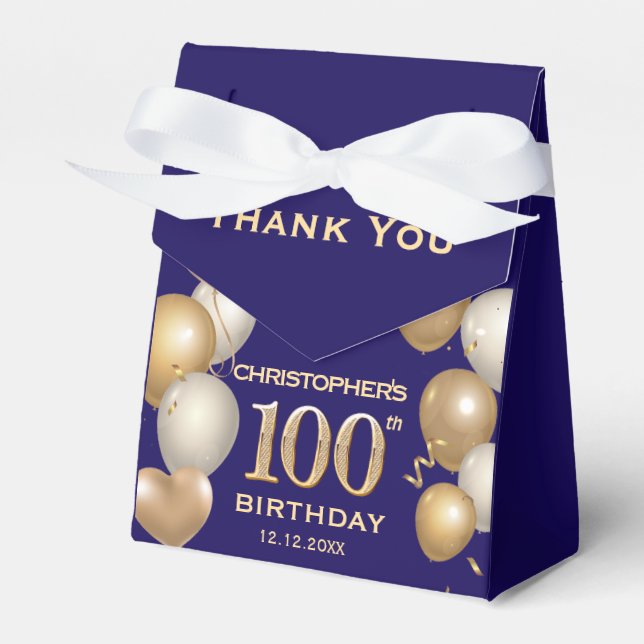 Caja Para Regalos 100.º Balón azul y oro de la Marina del cumpleaños (Front Side)