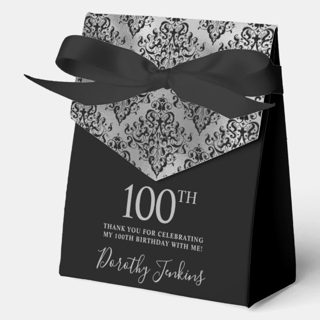 Caja Para Regalos 100th Birthday Silver Damask Thank You  (Anverso)