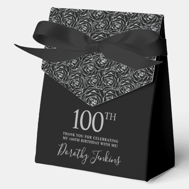 Caja Para Regalos 100th Birthday Silver Glitter Roses Thank You  (Anverso)
