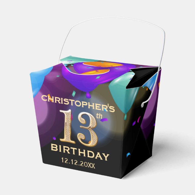 Caja Para Regalos 13.ª fiesta de cumpleaños Globos de oro y negro (Front Side)