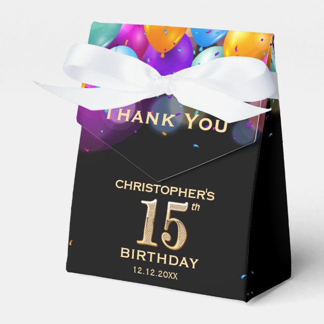 Caja Para Regalos 15.ª fiesta de cumpleaños Globos de oro y negro (Front Side)