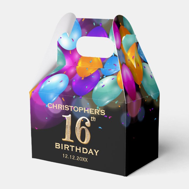 Caja Para Regalos 16.ª fiesta de cumpleaños Globos de oro y negro (Front Side)