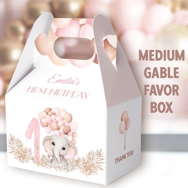 Caja Para Regalos 1.ᵉʳ Chica de cumpleaños Elefante Globo Rosa Medio (Pink Elephant Medium Gable Favor Boxes - You can choose from 3 sizes of these gable favor boxes)