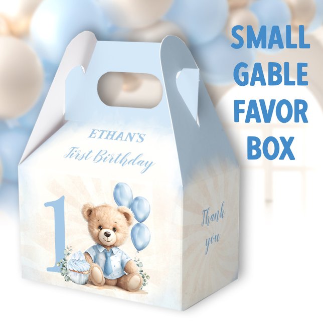 Caja Para Regalos 1.ᵉʳ Cumpleaños Azul Beige Teddy Número de Oso (Blue Bear Small Gable Favor Boxes - You can choose from 3 sizes of these gable favor boxes)
