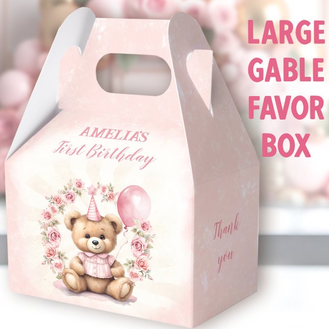 Caja Para Regalos 1.ᵉʳ Cumpleaños Rosas Rosa Rosadas Cute Oso Grande (Bear Roses Large Gable Favor Boxes - You can choose from 3 sizes of these gable favor boxes)