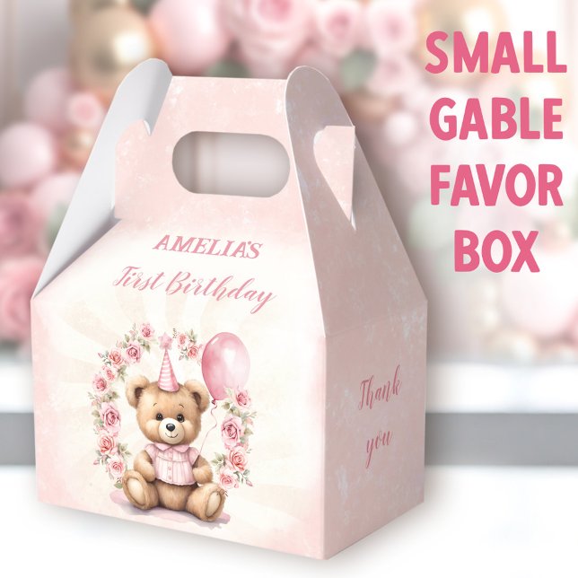 Caja Para Regalos 1.ᵉʳ cumpleaños rosas rosadas lindo osito de peluc (Bear Roses Small Gable Favor Boxes - You can choose from 3 sizes of these gable favor boxes)