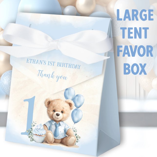 Caja Para Regalos 1.ᵉʳ Nacimiento Azul Beige Teddy Oso Gran Carpa (Blue Bear Large Tent Favor Boxes - You can choose from 2 sizes of these tent favor boxes)