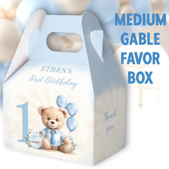 Caja Para Regalos 1.ᵉʳ Nacimiento del oso azul beige número medio ga (Blue Bear Medium Gable Favor Boxes - You can choose from 3 sizes of these gable favor boxes)
