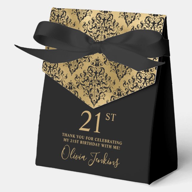 Caja Para Regalos 21st Birthday Gold Damask Thank You  (Anverso)