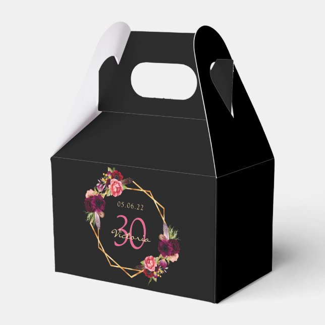 Caja Para Regalos 30.º cumpleaños florales negras oro geométrico (Front Side)