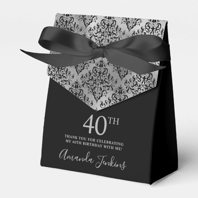Caja Para Regalos 40th Birthday Silver Damask Thank You (Front Side)
