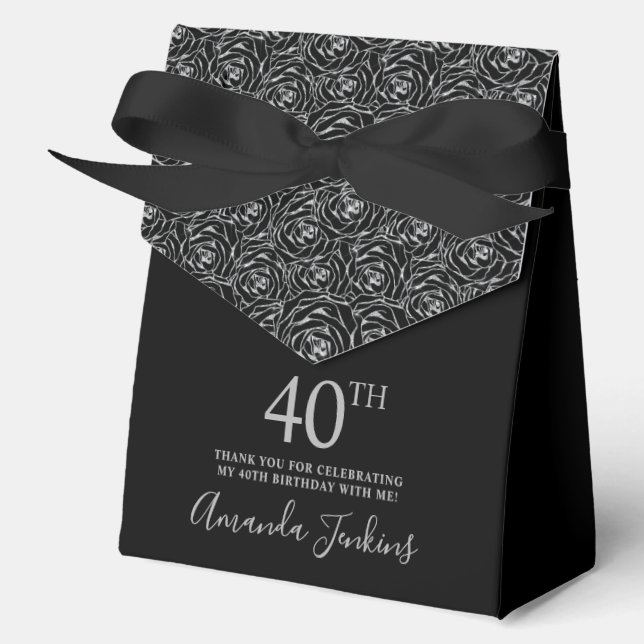 Caja Para Regalos 40th Birthday Silver Glitter Roses Thank You  (Anverso)