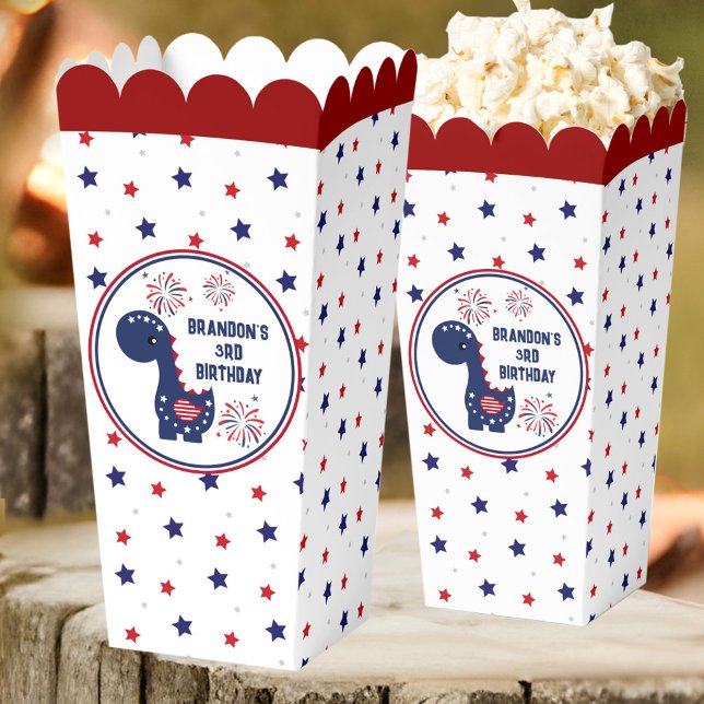 Caja Para Regalos 4 de julio Cumpleaños de Niño Dinosaurio Patriótic (4th of July Patriotic Dinosaur Boy Birthday Popcorn Favor Boxes)