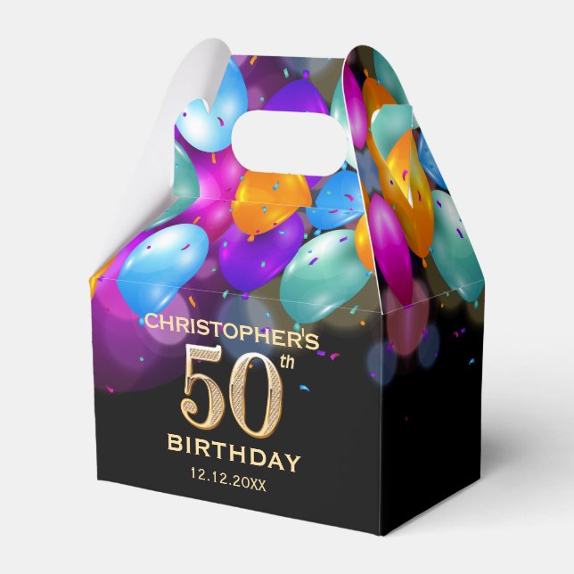 Caja Para Regalos 50.ª fiesta de cumpleaños Globos de oro y negro (Front Side)