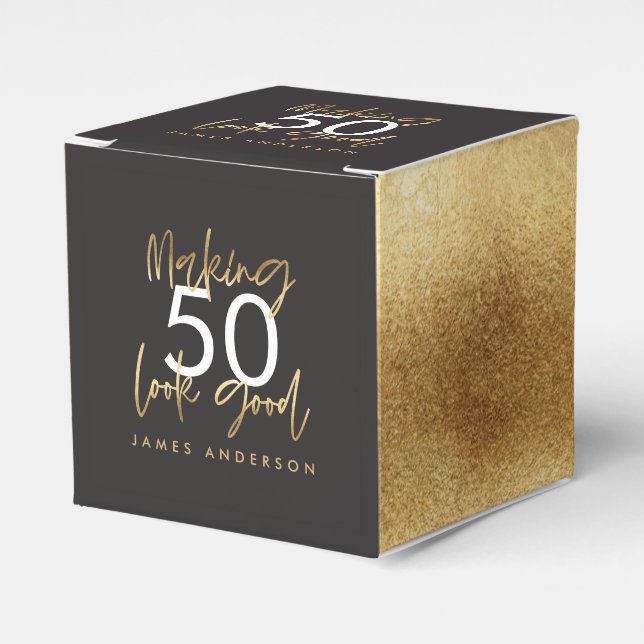 Caja Para Regalos 50.º cumpleaños negro y oro simple elegante modern (Costado Anverso)