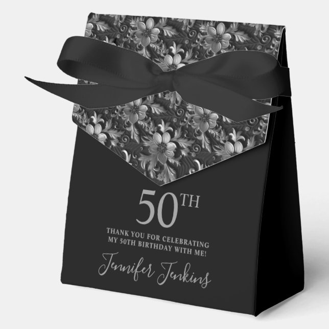 Caja Para Regalos 50th Birthday Silver Floral Thank You  (Anverso)