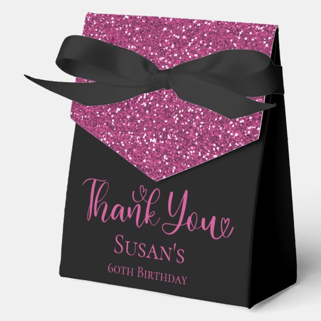 Caja Para Regalos 60th Birthday Hot Pink Glitter Black Thank You (Anverso)
