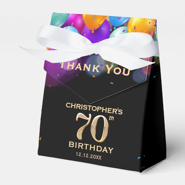 Caja Para Regalos 70.ª fiesta de cumpleaños Globos de oro y negro (Front Side)