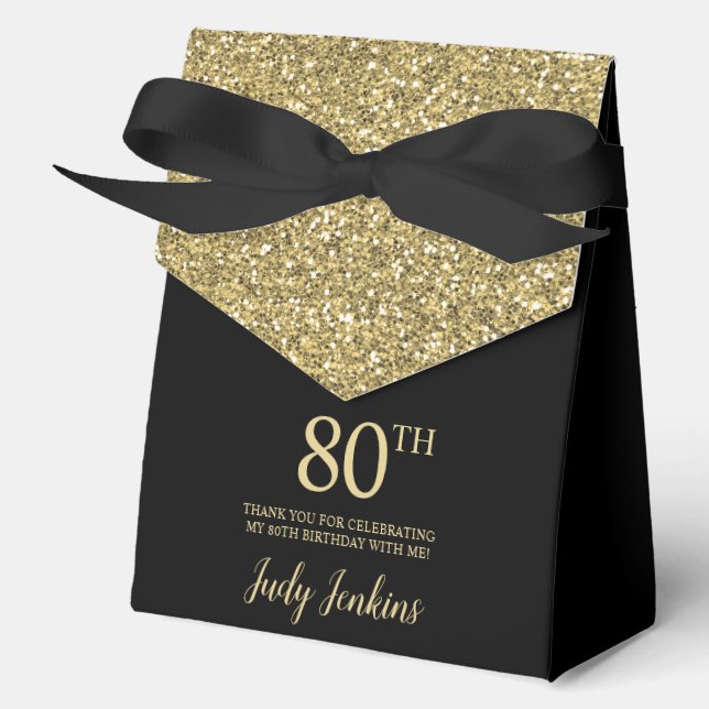 Caja Para Regalos 80th Birthday Black Gold Glitter Thank You (Anverso)