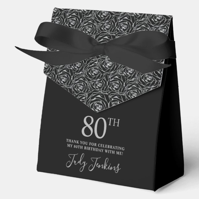 Caja Para Regalos 80th Birthday Silver Glitter Roses Thank You  (Anverso)