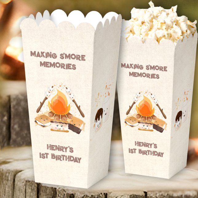 Caja Para Regalos Acampada de Cute S'more 1er cumpleaños (Cute S'more Campfire 1st Birthday Camping Popcorn Favor Boxes)