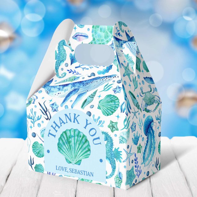 Caja Para Regalos Acuarela bajo el océano Océano marino Animales Azu (Watercolor Under the Sea Ocean Animals Blue Favor Boxes)