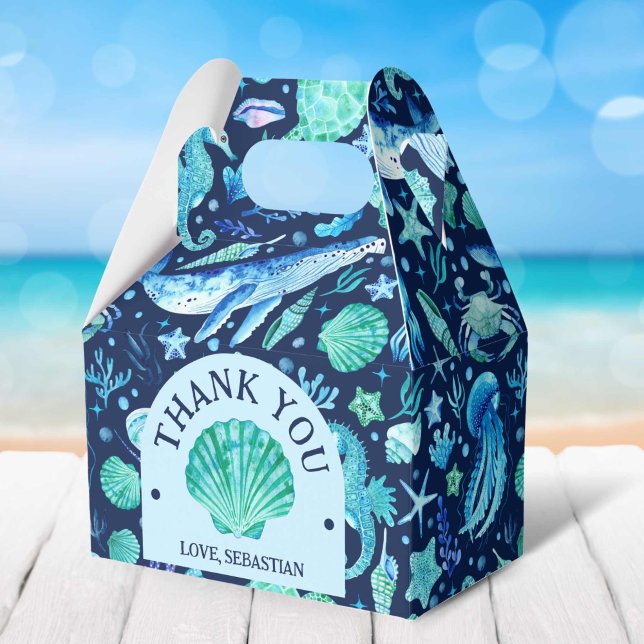 Caja Para Regalos Acuarela bajo la marina de animales oceánicos (Watercolor Under the Sea Ocean Animals Navy Favor Boxes)