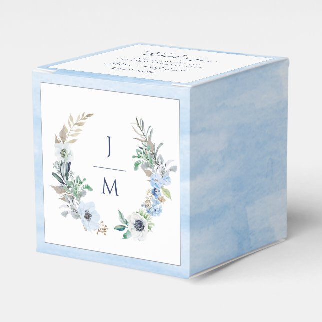 Caja Para Regalos Acuarela Monograma Boda azul de correa floral (Costado Anverso)