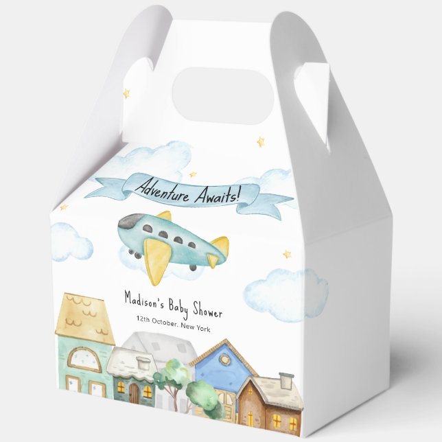 Caja Para Regalos Adventure Awaits Aviator Airplane Baby Shower  (Anverso)